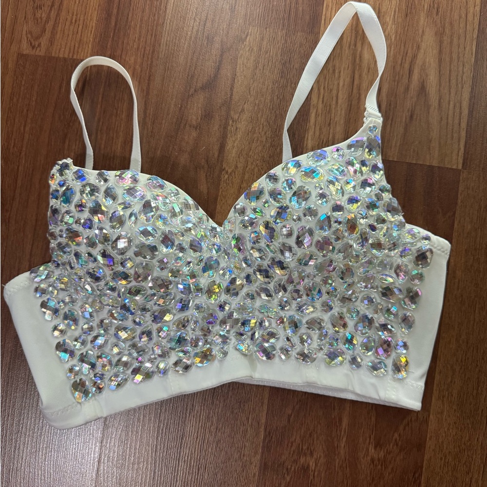 White Bejeweled Crop Top